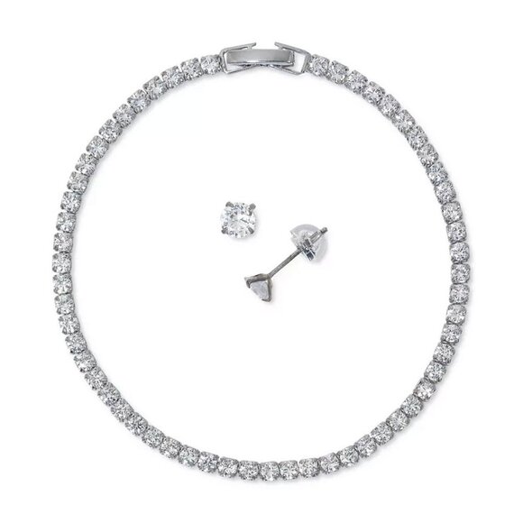 *50off3* NWT Sterling Silver Set CZ 4mm Tennis Bracelet 5mm Stud Earrings - Picture 2 of 5